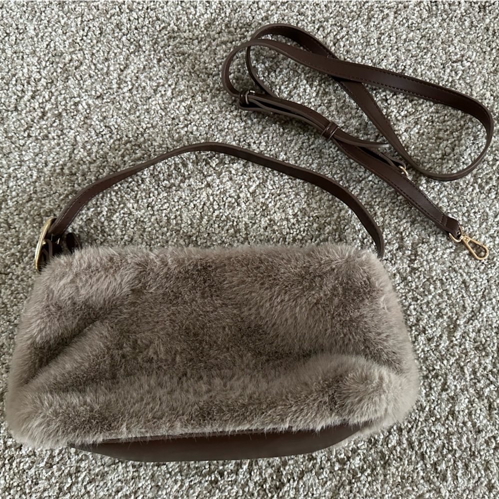 Faux Fur Accent Crossbody Bag in Taupe Brown old navy